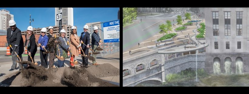photo of group digging for Terrace project and illustration of the building facade