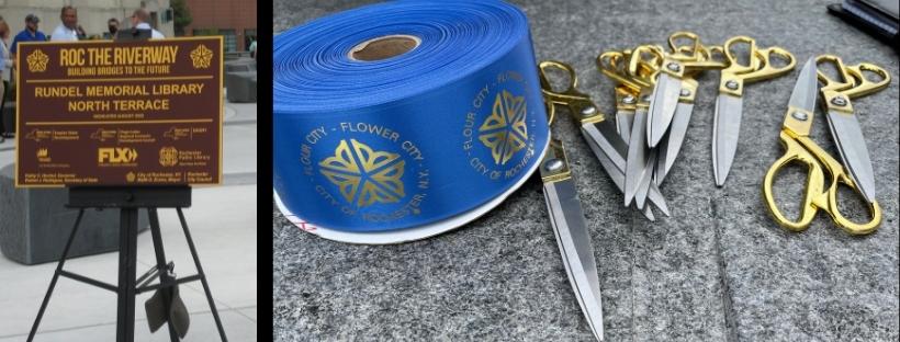photo of ROC the Riverway sign and also gold scissors and ribbon for the ceremony