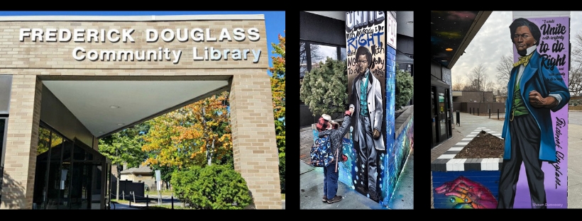 pictures of Frederick Douglass library entrance with Douglass murals