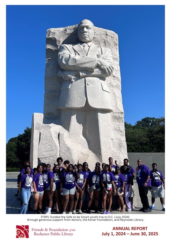 cover of annual report with youth in front of MLK statue